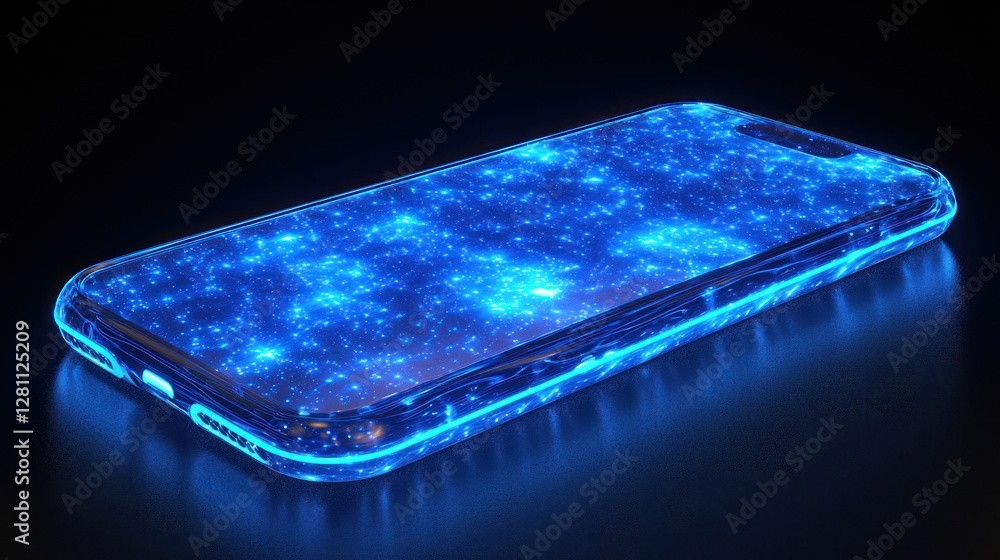 Poster glowing smartphone displaying celestial particles