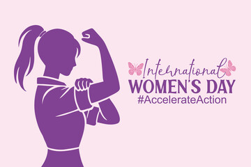 International Womens Day 8 March. Campaign 2025 #AccelerateAction. Female silhouette flexing her arm to show strength and empowerment. Flat vector illustration, horizontal banner.