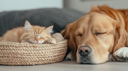 Fototapeta na wymiar Adorable dogs and cats sleeping together at home cozy indoor setting pet peaceful environment close-up view friendship concept