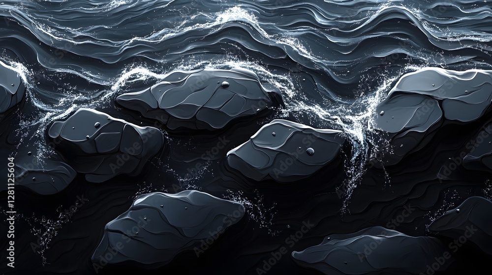 Aufkleber stylized artwork depicting dark rocks submerged in deep, wavy water. the abstract image showcases te