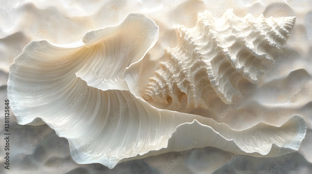 Poster Two seashells rest on a textured sandy surface, creating a serene and minimalist image. Seashells on Sand: A Study in Texture and Light