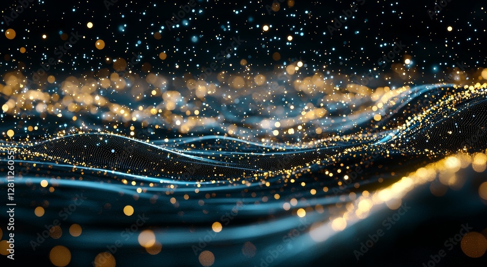 Poster teal and gold abstract wave pattern with fluid motion and futuristic technology design