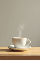 Aromatic Steam Rising from a White Coffee Cup on a Light Wooden Table