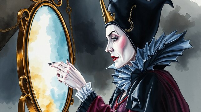 Portrait of the Evil Queen, Snow White's Stepmother, with a Magic Mirror in a Dark Castle
