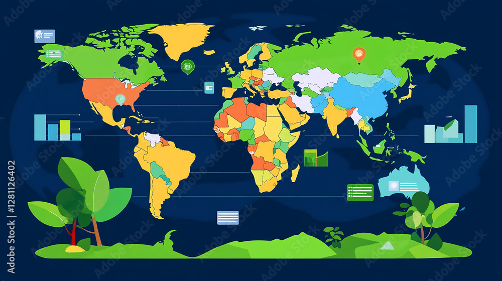 Poster global data visualization world map infographic design digital environment aerial view information c