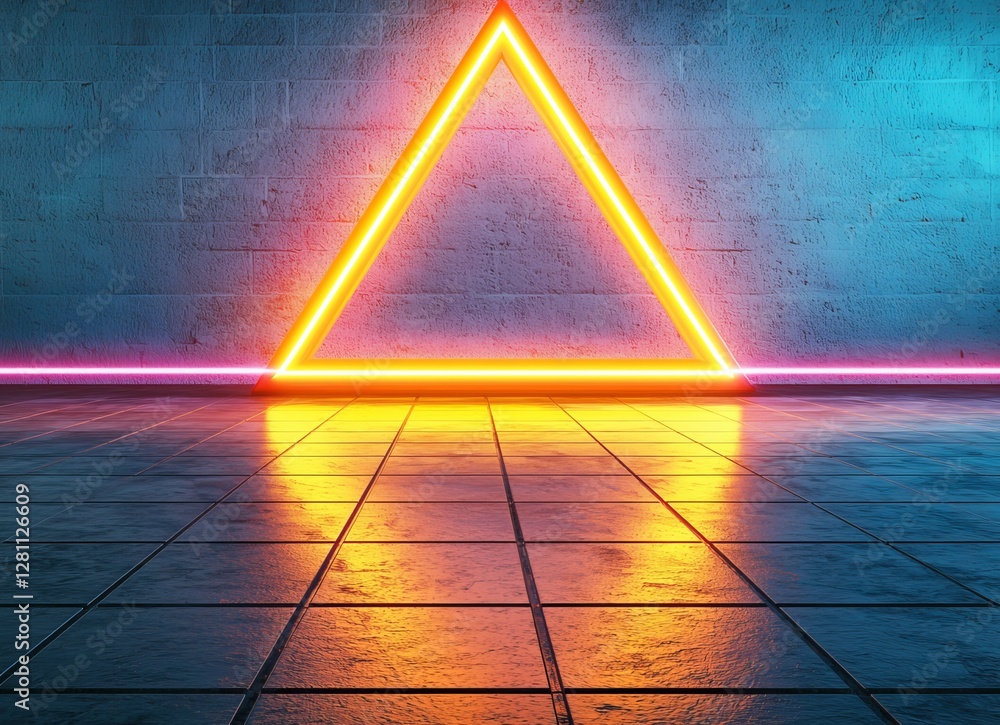 Poster a glowing neon triangle radiates vibrancy within a dark, digitally rendered environment, where red a