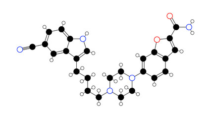 vilazodone molecule, structural chemical formula, ball-and-stick model, isolated image antidepressant