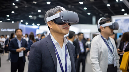 man wearing virtual reality headset at technology exhibition, surrounded by attendees. atmosphere is filled with excitement and innovation