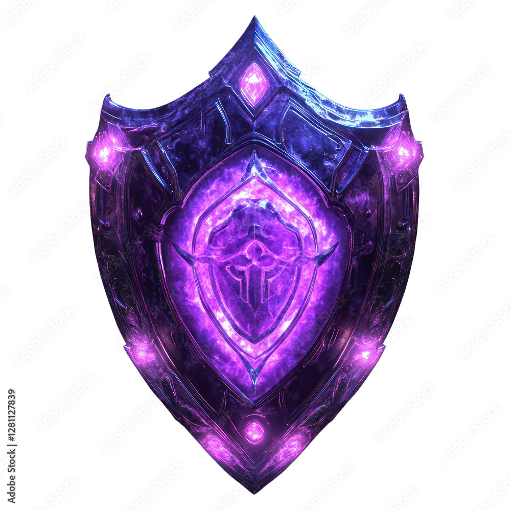 Poster floating spectral knights shield with glowing insignia isolated on transparent background