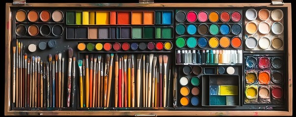 Fototapeta premium Creative toolbox for artists, filled with essential tools for expression, paints, brushes, sketchbooks, color palettes, essential supplies for artwork creation