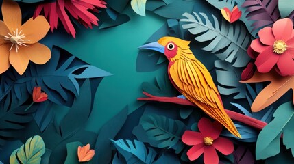 Fototapeta premium Vibrant paper art bird perched on branch amidst colorful tropical flowers and leaves on teal background.