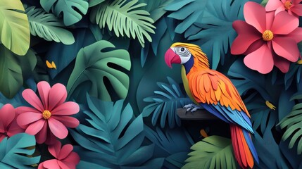 Obraz premium Vibrant paper art macaw perched on branch amidst lush tropical leaves and flowers.