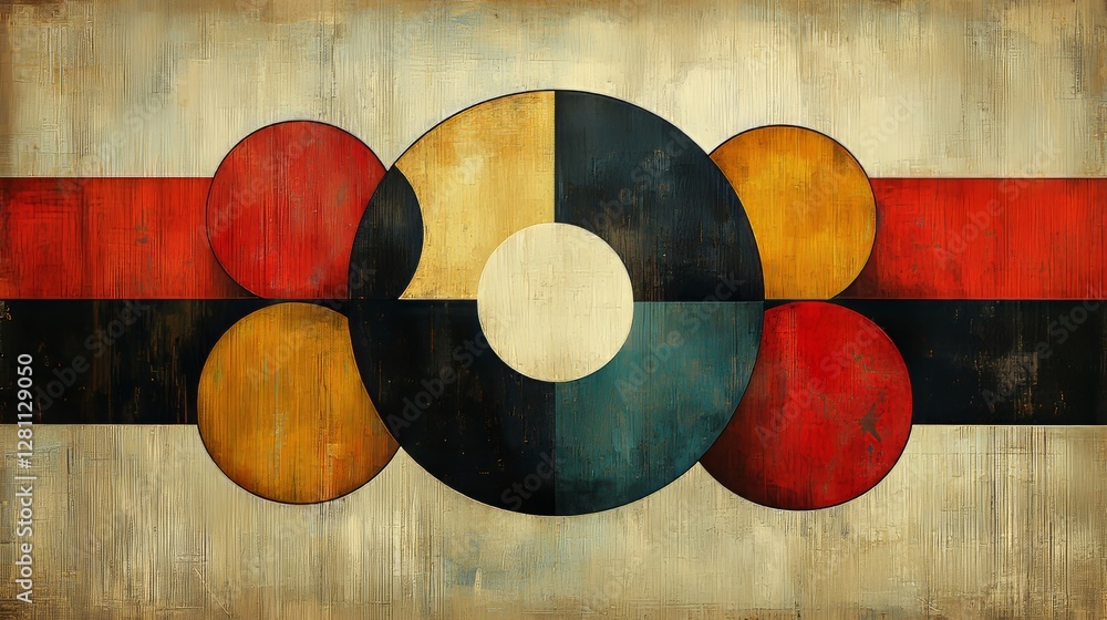 Aufkleber an abstract piece featuring interlocking circles and a horizontal line, rendered in subdued tones