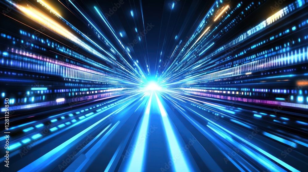 Poster abstract digital tunnel of glowing light streaks and data streams.