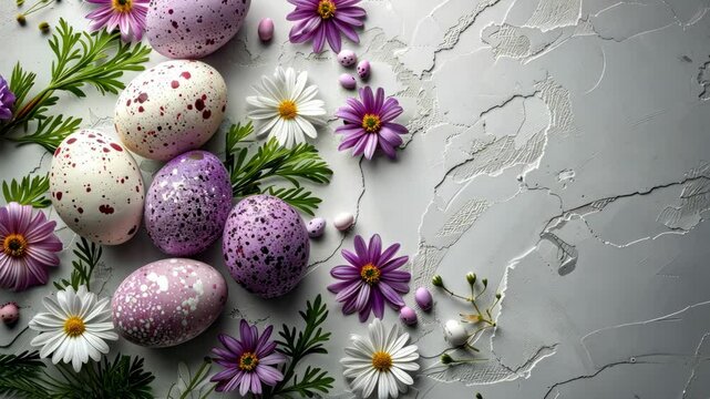 Decorative easter eggs in various colors are beautifully placed among fresh flowers, creating a vibrant spring display for festivities