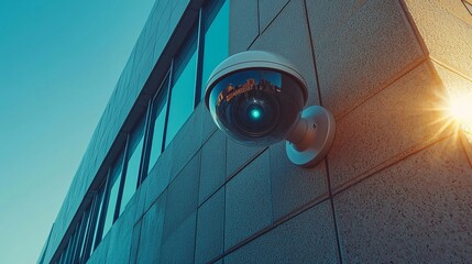 A weatherproof high-tech CCTV camera capturing footage in bright sunlight