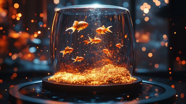 Seven small goldfish swimming in a glass tank of golden sparkles
