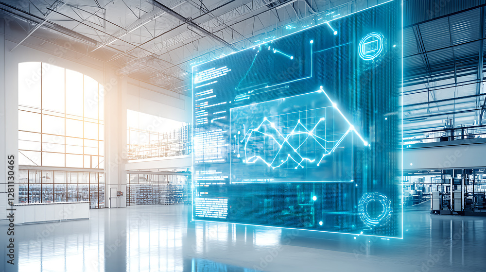 Poster data visualization event showcasing advanced technology in a modern industrial space