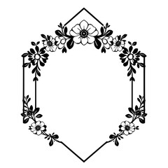 Floral hexagon-shaped frame illustration with black and white style.