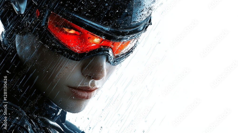 Poster a modern, digitally-rendered image of a person wearing a futuristic helmet with a visor, displaying 