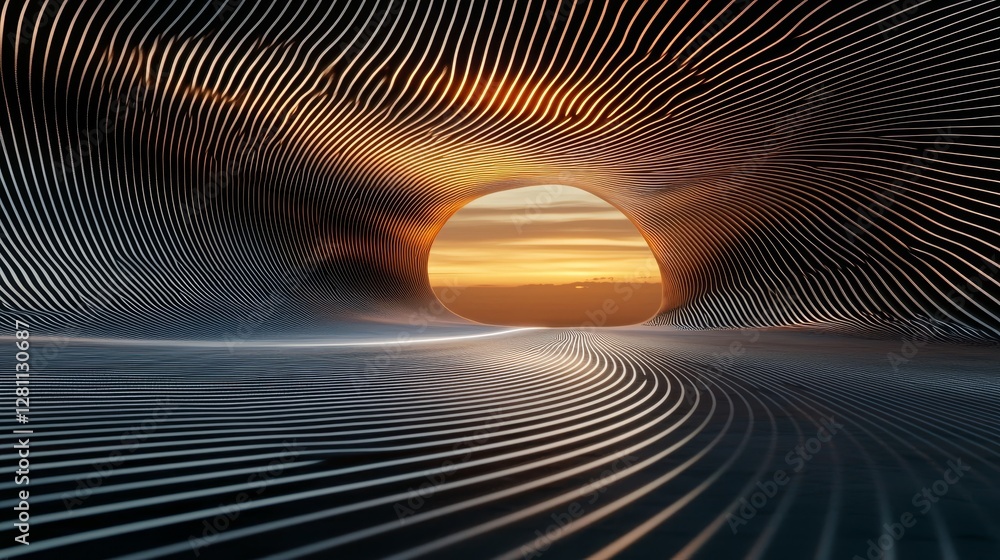 Poster futuristic abstract tunnel illuminated by neon blue rays and featuring round arches, with a high-tec