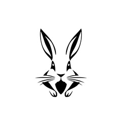 Minimalist Rabbit Silhouette: A Black and White Illustration of a Detailed Rabbit Face Against White Backdrop.