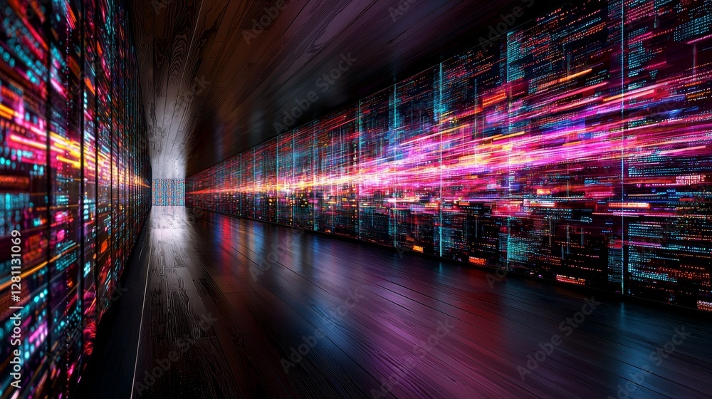 Poster in a high-tech room, an abstract cloud hovers over the servers, with data streams linking the cloud 