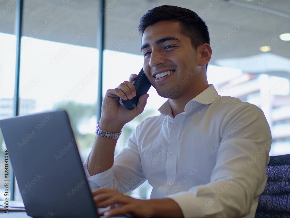 Poster man using laptop and talking on cell phone. wearing professional attire. business setting with desk 