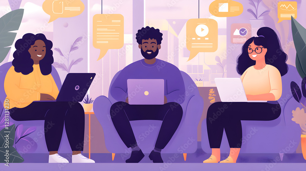Poster collaborative teamwork session modern workspace digital illustration cozy environment front view inn