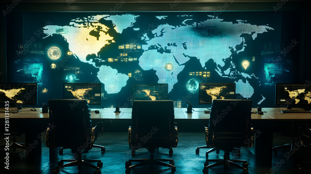 Poster cybersecurity operations center analysis global map digital display high-tech environment strategic 