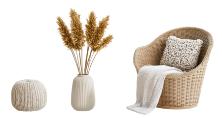 Cozy boho wicker chair, knitted pouf, and pampas grass on a transparent background for interior design projects and creative compositions