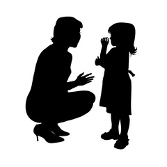 Two vector silhouettes of a woman and a child. A little girl stands in front of her mother, the woman squats. White background.