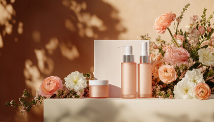 A sophisticated skincare display with pink glass bottles and jars, complemented by floral arrangements and organic ingredients