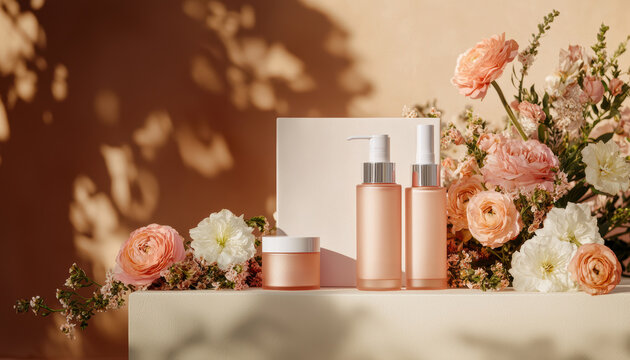A sophisticated skincare display with pink glass bottles and jars, complemented by floral arrangements and organic ingredients