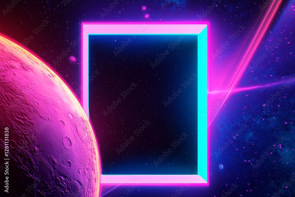 Poster a dark space filled with planets and stars is illuminated by a retro futuristic neon frame