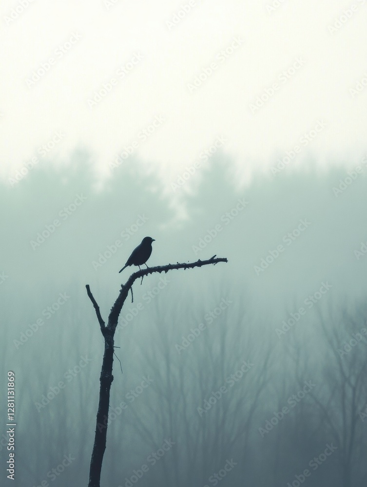 Poster Lone bird perched on a dead tree branch in a foggy landscape with space for text. Generative AI
