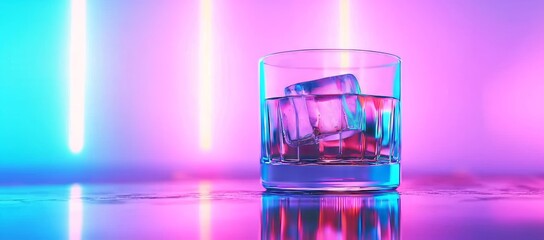 A futuristic cocktail is presented with electric-blue neon hues and features holographic ice cubes