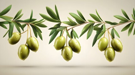 Three Views of Fresh Green Olives on Branches with Water Droplets
