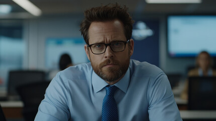 Obraz premium focused man in blue shirt and tie, sitting in office environment, conveying determination and professionalism