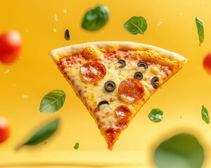 An artistic depiction of a pizza slice with a cute face, surrounded by a cheerful yellow background for a whimsical touch