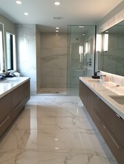 Modern master bathroom is shown featuring an appealing design