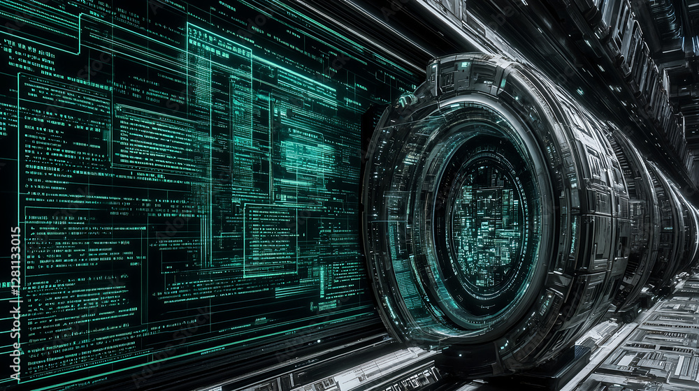 Aufkleber exploring futuristic technology interface in a sci-fi environment digital artwork cybernetic atmosph