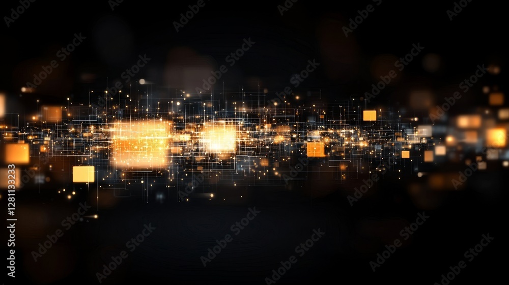 Poster an abstract pattern with glowing orange cubes displayed in a high-tech style with an isometric viewp