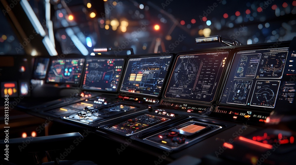 Poster in a dimly lit, high-tech setting, data streams weave across numerous screens, ideal for showcasing 