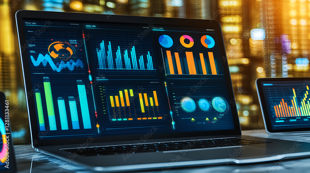 Aufkleber data analysis dashboard overview corporate office digital display modern workspace aesthetic design 