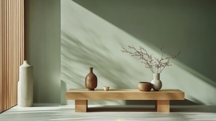 Minimalist interior with sage green wall and light wood furniture decorated with vases