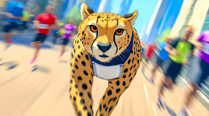 Cheetah running marathon with blank race bib, leaving blurred runners behind