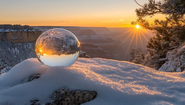 Snow covered landscape with crystal ball reflecting the sunset