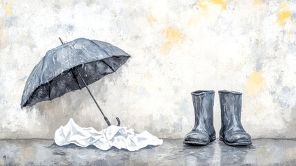 Wet umbrella, crumpled tissues, and rain boots by a wall painting