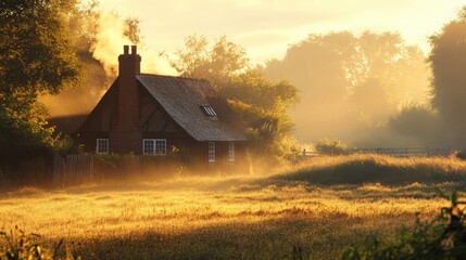 Sunlit cottage amidst golden fields rural landscape photography tranquil environment wide-angle view serenity concept